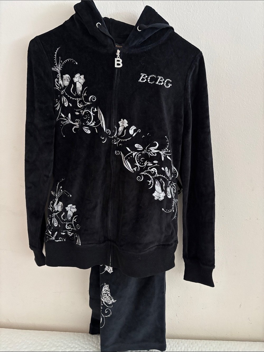BCBG Black Velour Hoodie and pants with silver Floral Embellishment